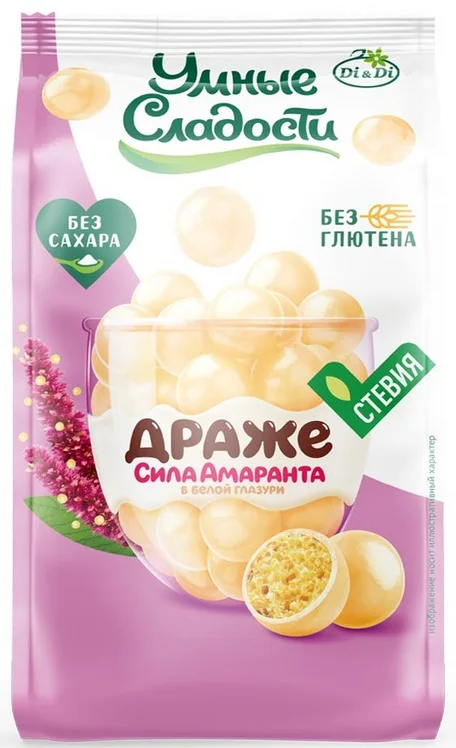 Драже Умные сладости в белой глазури амарантовое без сахара без глютена 50 гр (4640200410528)