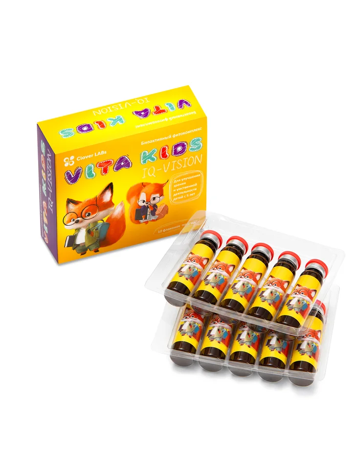 Vita Kids IQ-vision для улучшения зрения и умственной деятельности детей Clover Labs 10 флаконов по 10 мл