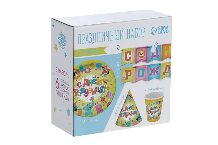 Набор Страна Карнавалия бумаж посуды Веселые животные 6 тарелок / гирлянда/6 стаканов/6 колпаков