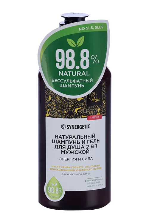 Шампунь-гель Synergetic Энергия и сила 2 в 1 бессульф мужск 400 мл