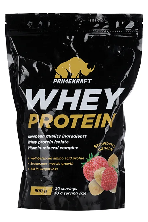 Протеин сывороточ Prime Kraft Whey Protein с витамином и минер клубника / банан 900 гр