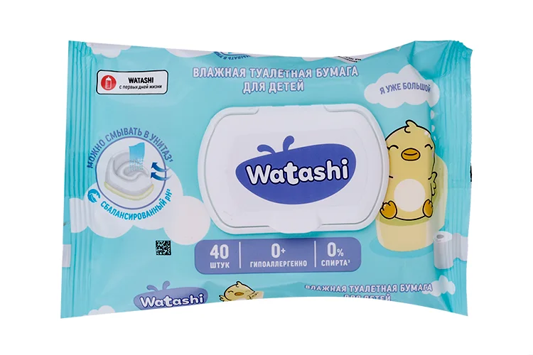 Туалетная бумага Watashi влажная с крышкой для детей 40 шт
