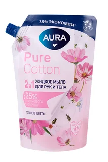 Мыло Aura Pure Cotton жид Хлопок и полевые цветы для рук и тела дой-пак 450 мл