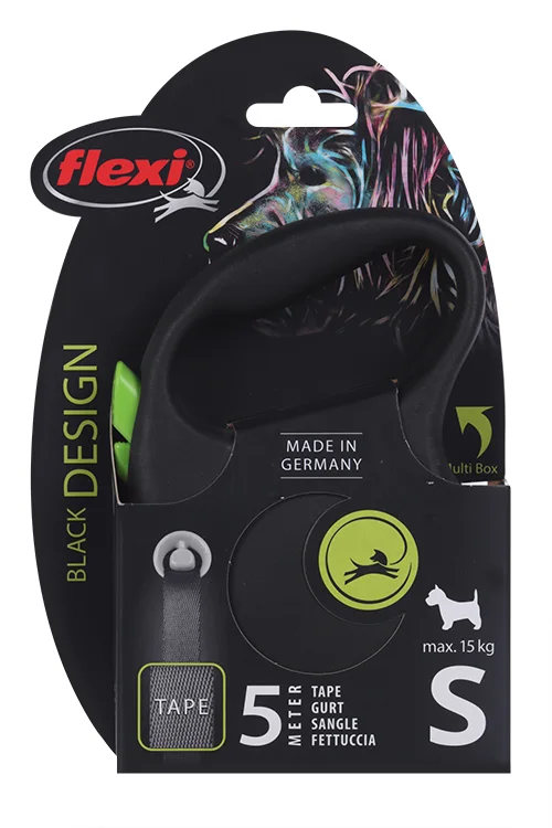 Поводок-рулетка Flexi Black Design для собак до 15 кг лента S 5 м черный / зеленый