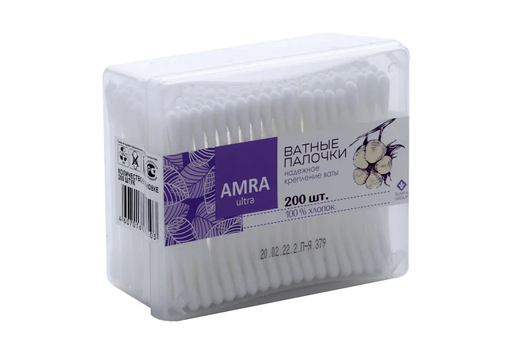 Ватные палочки Амра 200 шт (прямоуг)