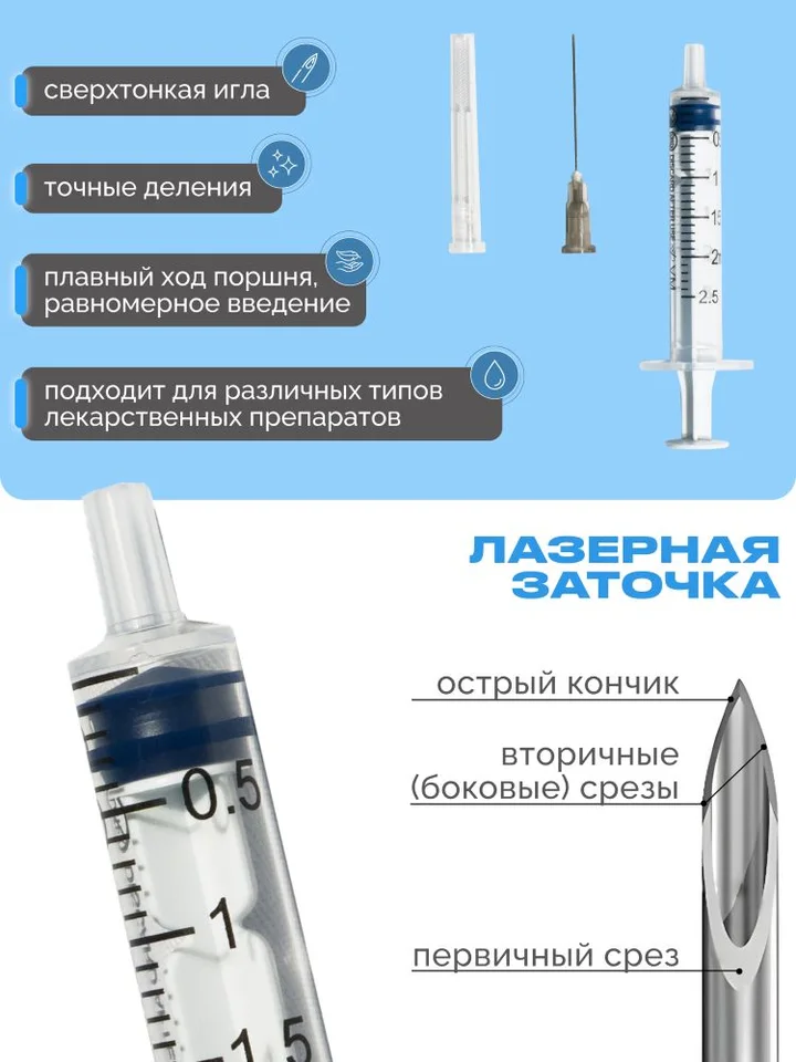 Шприц 2,5 мл Vogt Medical с иглой 22G 0,7×30 мм трехкомпонентный 10 штук
