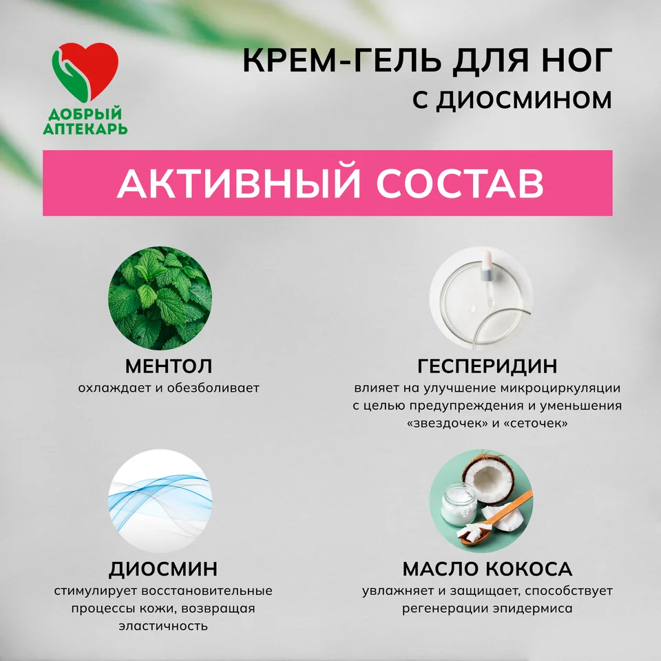 Добрый аптекарь крем-гель для ног с Диосмином для тонуса и снятия усталости 75 мл