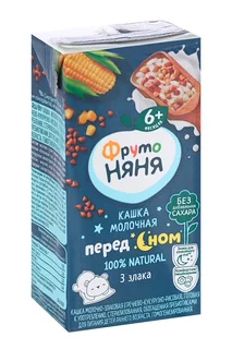 Кашка Фрутоняня молочно-злаковая гречка / кукуруза / рис / пребиотики / фруктоза (с 6 мес) 0,2 л жидкая