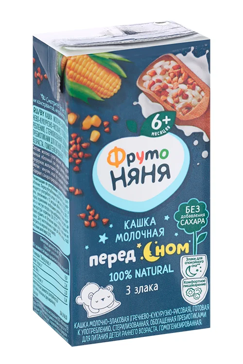 Кашка Фрутоняня молочно-злаковая гречка / кукуруза / рис / пребиотики / фруктоза (с 6 мес) 0,2 л жидкая