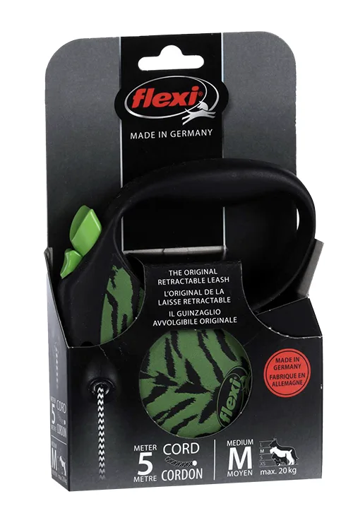 Поводок-рулетка Flexi safari cord M 5 м 20 кг черный с зеленым