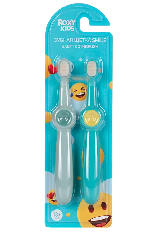 Зубная щетка Roxy-Kids Смайлик для детей ультрамягкая бирюзовый / зеленый 2 шт