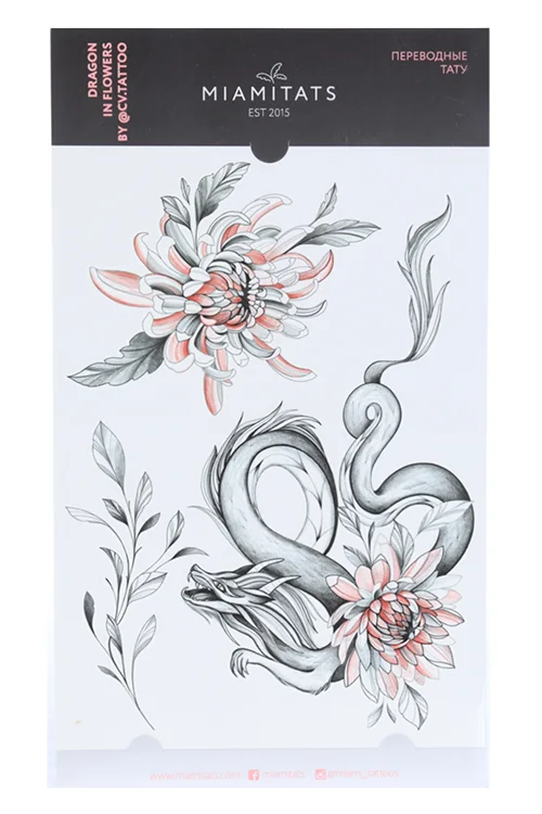 Тату переводные Miamitats Dragon in Flowers by @cv.tattoo (maxi) (1718)
