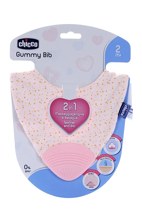 Нагрудник Chicco Gummy 2 в 1 с прорезывателем (с 2 мес) розовый