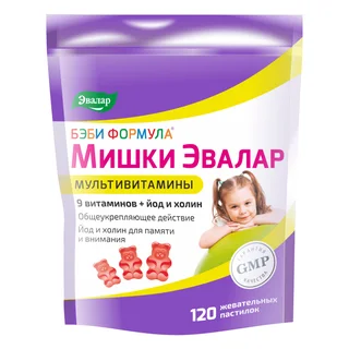 Бэби Формула Мишки Мультивитамины (со вкусом апельсина, клубники, винограда), 120 жевательных пастилок, Эвалар