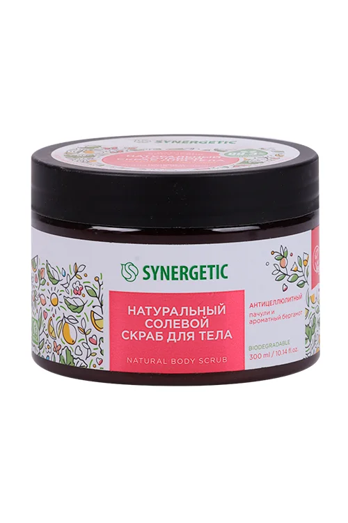 Скраб Synergetic для тела антицеллюлитный солевой пачули и ароматный бергамот 300 мл