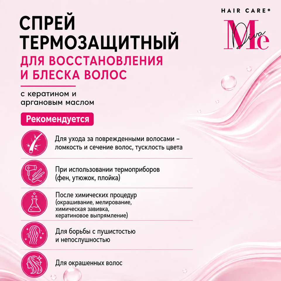 Медива Хаир КЕА Рестор ЭНД Шайн cпрей термозащитный для восстановления и блеска волос с кератином и аргановым маслом 190 мл