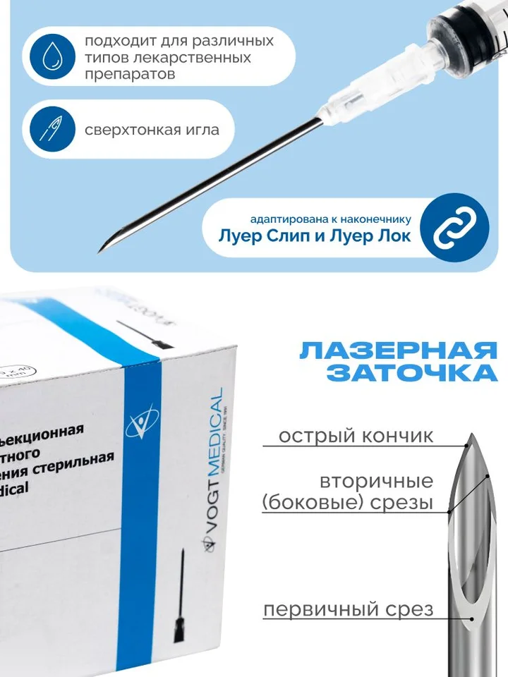 Игла инъекционная Vogt Medical, однораз.,стерильная 16G(1,6*40)упаковка 100 шт